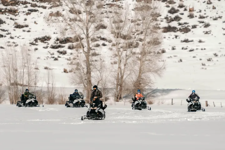 Group of people riding snowmobiles across a snowy field with bare trees in the background.